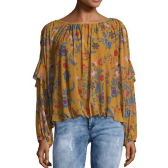 Free People Wildflower Honey Blouse Floral Mustard Boho Size Large - Picture 3 of 13